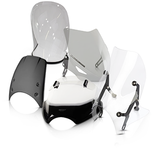 Motorcycle windshields and fairing screens in various sizes, colors, and tints.